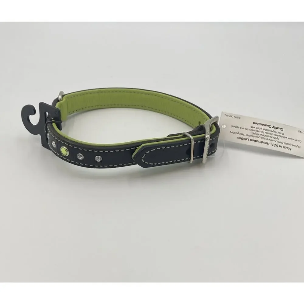 NEW Circle T Leather Studded Rhinestone Collar Black Lime Green 18” Inch Dog NWT